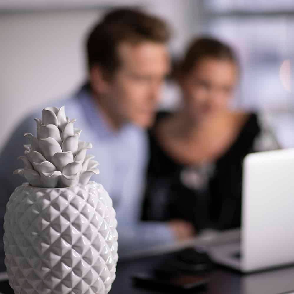 pineapple blurred workers office woman man dressed up leaning in